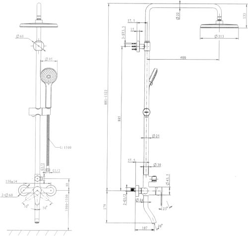 Комплект Акриловая ванна STWORKI Эстерсунд ES17570 без опоры 175x70 см + Ножки ESK01 + Стойка Мосс HDB228LY в Туапсе