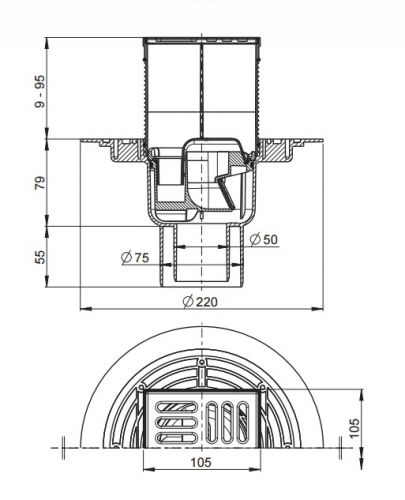 APV2321 Сливной трап 105 × 105/50/75, подводка – прямая, решетка – нержавеющая сталь, гидрозатвор Alca Plast в Туапсе
